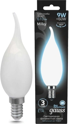Лампа светодиодная Gauss Filament 104201209 9Вт цок.:E14 свеча 220B (упак.:1шт)