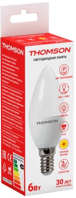 Лампа светодиодная Thomson Candle TH-B2013 6Вт цок.:E14 свеча 220B св.свеч.бел.теп. Candle (упак.:1шт)